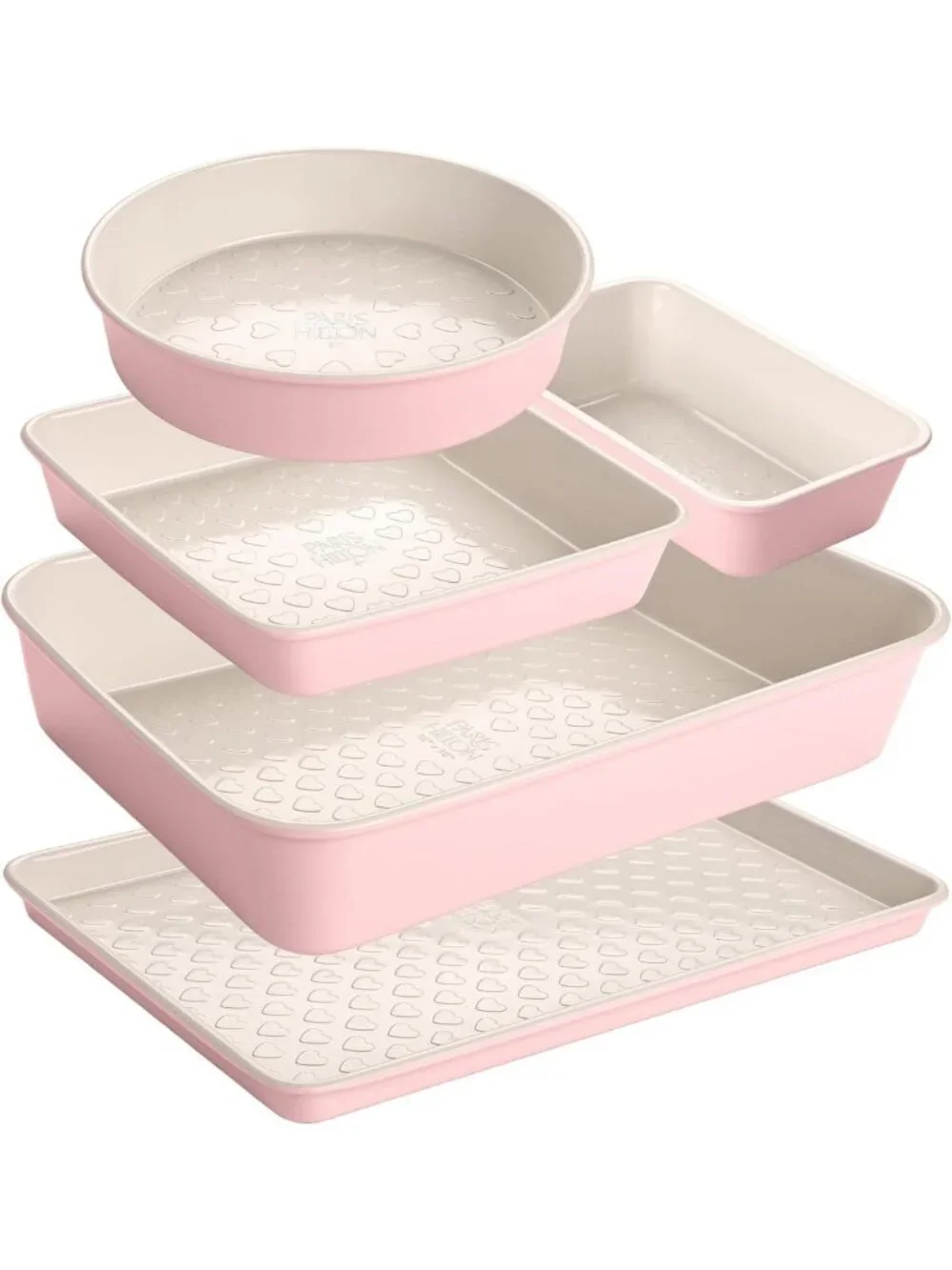 Nonstick Heart Pattern Bakeware Set - 5-Piece Heavy Duty Carbon Steel Pans, Pink